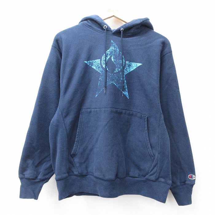 L★古着 長袖 チャンピオン Champion リバースウィーブ パーカー メンズ 星 炎 紺 ネイビー 25sep22 中古 スウェット スエット トレーナー トップス