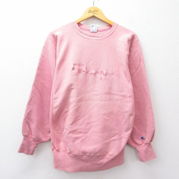 M★古着 長袖 チャンピオン Champion リバースウィーブ メンズ 90年代 90s ビッグロゴ クルーネック USA製 ピンク 25sep22 中古 スウェット スエット トレーナー トップス