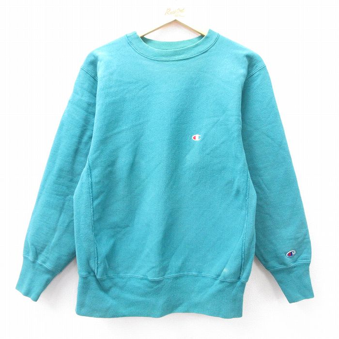 L★古着 長袖 チャンピオン Champion リバースウィーブ メンズ 90年代 90s ワンポイントロゴ クルーネック USA製 青緑系 25sep22 中古 スウェット スエット トレーナー トップス