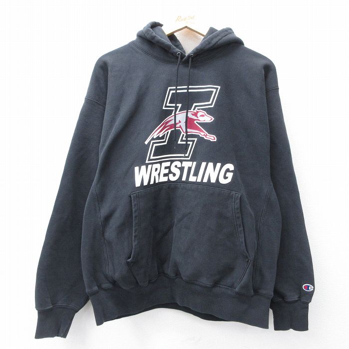 L★古着 長袖 チャンピオン Champion リバースウィーブ パーカー メンズ 00年代 00s WRESTLING 黒 ブラック 25oct02 中古 スウェット スエット トレーナー トップス