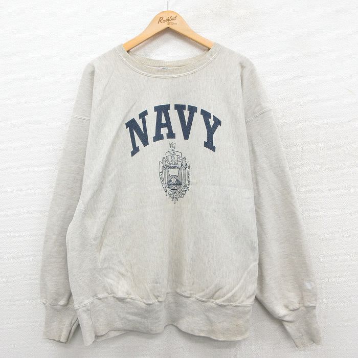 XL★古着 長袖 チャンピオン Champion リバースウィーブ メンズ ミリタリー USネイビー 大きいサイズ クルーネック 薄グレー 霜降り 【spe】 25oct03 中古 スウェット スエット トレーナー トップス