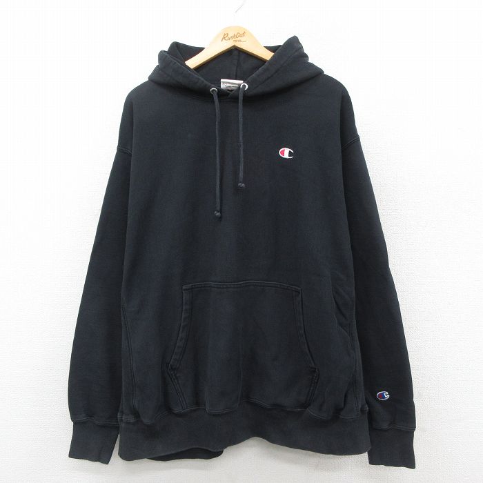 XL★古着 長袖 チャンピオン Champion リバースウィーブ パーカー メンズ ワンポイントロゴ 大きいサイズ 黒 ブラック 25oct03 中古 スウェット スエット トレーナー トップス
