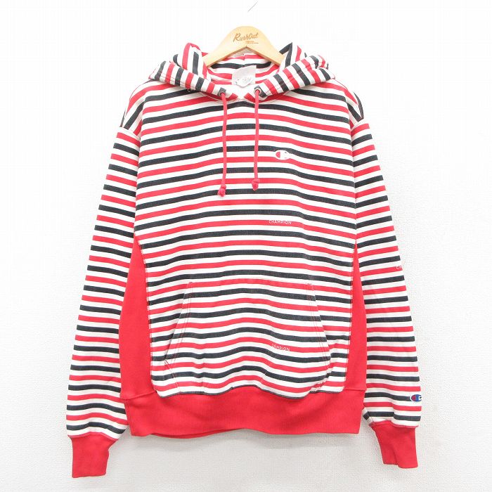 XL★古着 長袖 チャンピオン Champion リバースウィーブ パーカー メンズ ワンポイントロゴ 赤他 レッド ボーダー 25oct03 中古 スウェット スエット トレーナー トップス