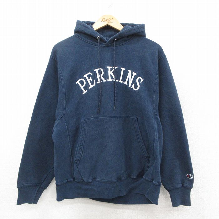 L★古着 長袖 チャンピオン Champion リバースウィーブ パーカー メンズ 00年代 00s PERKINS 刺繍 紺 ネイビー 25oct03 中古 スウェット スエット トレーナー トップス