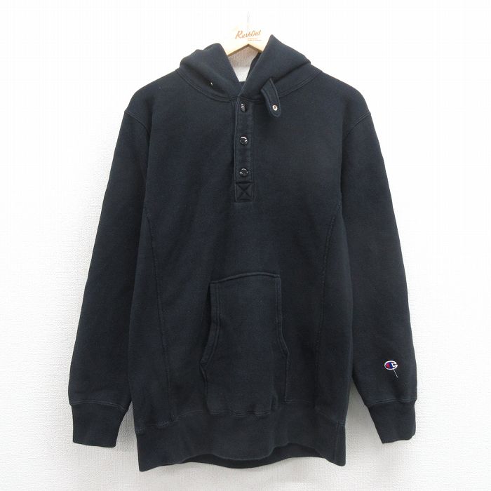 M★古着 長袖 チャンピオン Champion リバースウィーブ ハーフスナップ パーカー メンズ 無地 黒 ブラック 25oct15 中古 スウェット スエット トレーナー トップス