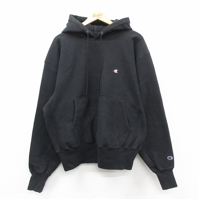 XL★古着 長袖 チャンピオン Champion リバースウィーブ パーカー メンズ 90年代 90s ワンポイントロゴ 大きいサイズ 黒【spe】 25nov18