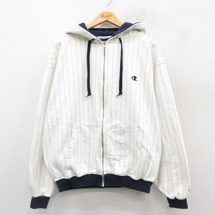 XL★古着 長袖 チャンピオン Champion リバースウィーブ フルジップ パーカー メンズ 00年代 00s ワンポイントロゴ 大きいサイズ 白他 ストライプ 25nov18