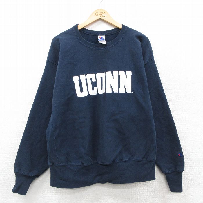 XL★古着 長袖 チャンピオン Champion リバースウィーブ メンズ 90年代 90s UCONN 大きいサイズ クルーネック 紺 25nov18