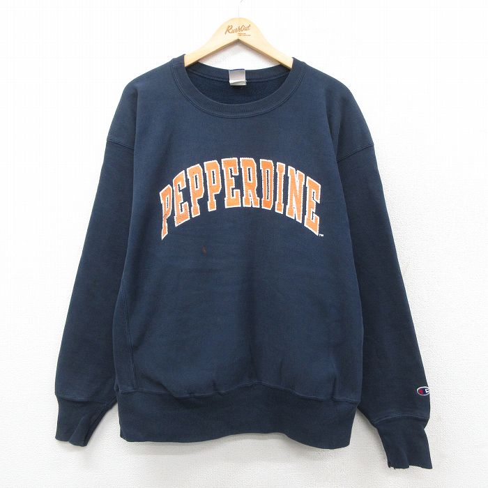 XL★古着 長袖 チャンピオン Champion リバースウィーブ メンズ 90年代 90s PEPPERDINE 大きいサイズ クルーネック 紺 25nov18