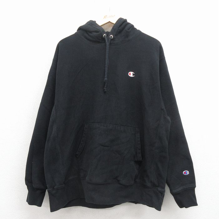 XL★古着 長袖 チャンピオン Champion リバースウィーブ パーカー メンズ ワンポイントロゴ 黒 25nov26