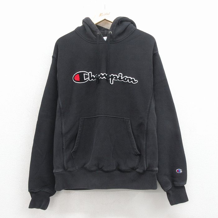 L★古着 長袖 チャンピオン Champion リバースウィーブ パーカー メンズ ビッグロゴ 黒 25nov26