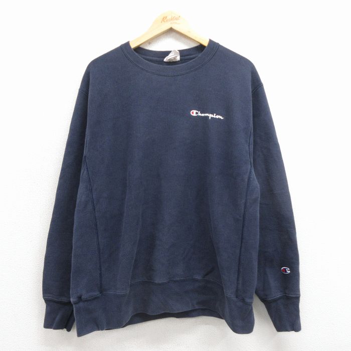 L★古着 長袖 チャンピオン Champion リバースウィーブ メンズ ワンポイントロゴ クルーネック 紺 25nov26