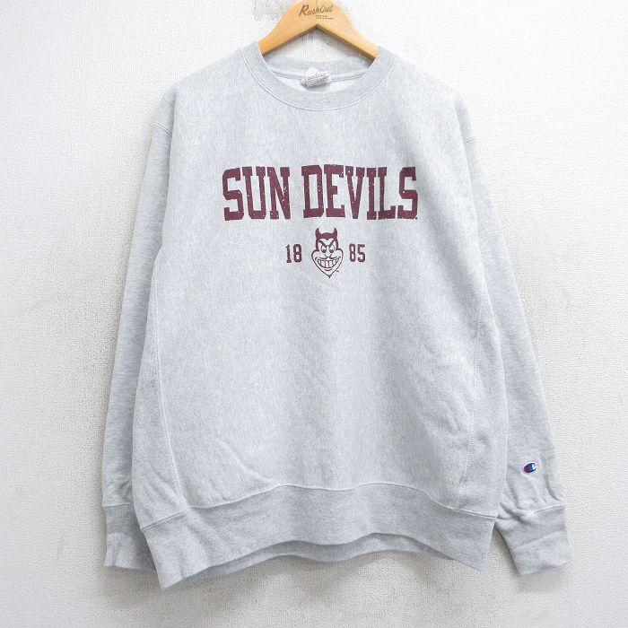 XL★古着 長袖 チャンピオン Champion リバースウィーブ メンズ アリゾナステートサンデビルズ クルーネック 薄グレー 霜降り 25dec10