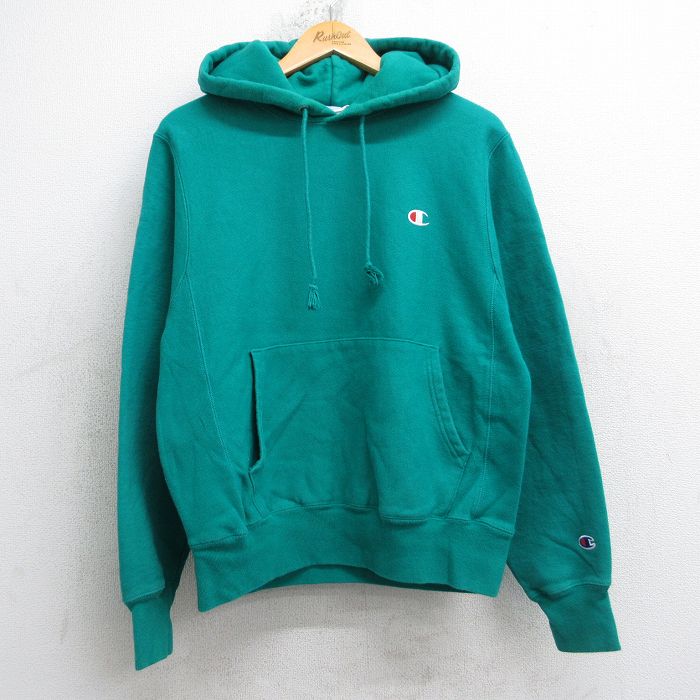 M★古着 長袖 チャンピオン Champion リバースウィーブ パーカー メンズ ワンポイントロゴ 緑 25dec10