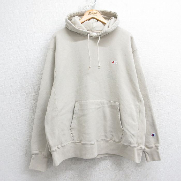 XL★古着 長袖 チャンピオン Champion リバースウィーブ パーカー メンズ ワンポイントロゴ 薄ベージュ 25dec10