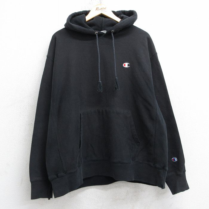 XL★古着 長袖 チャンピオン Champion リバースウィーブ パーカー メンズ ワンポイントロゴ 大きいサイズ 黒 25dec10