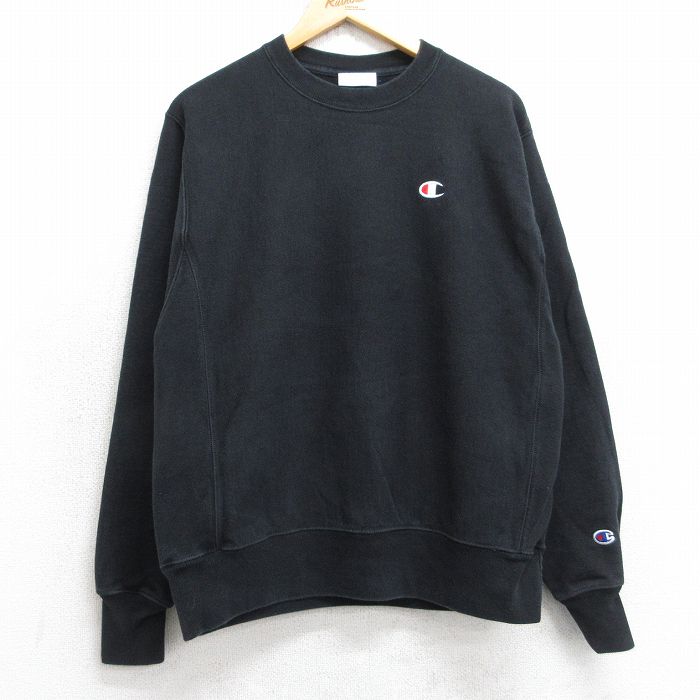 M★古着 長袖 チャンピオン Champion リバースウィーブ メンズ ワンポイントロゴ クルーネック 黒 25dec10