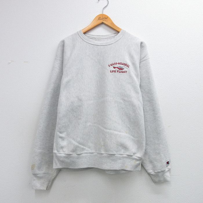 XL★古着 長袖 チャンピオン Champion リバースウィーブ メンズ LIFE FLIGHT ヘリコプター クルーネック 薄グレー 霜降り 26mar19