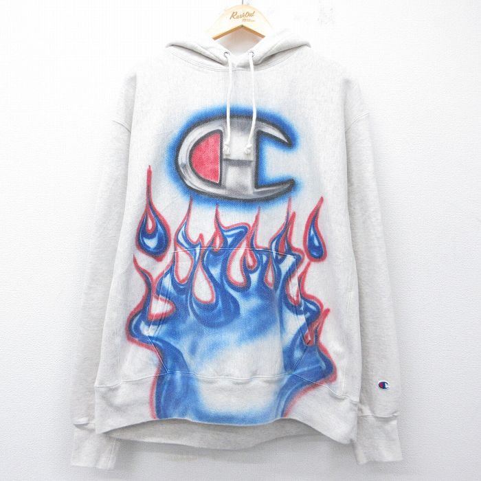 XL★古着 長袖 チャンピオン Champion リバースウィーブ パーカー メンズ ビッグロゴ ファイヤーパターン ハンドペイント エアブラシ 大きいサイズ 薄グレー 霜降り他【spe】 26apr24