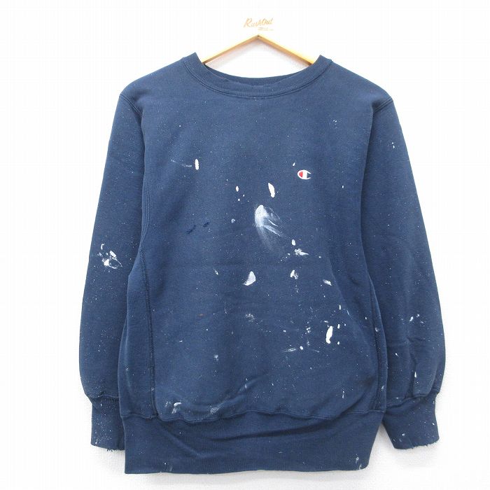 M★古着 長袖 チャンピオン Champion リバースウィーブ メンズ 90年代 90s ワンポイントロゴ クルーネック USA製 紺【spe】 26apr24