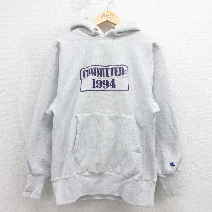 チャンピオン 90s リバースウィーブパーカー COMMITTED グレー M | 古着