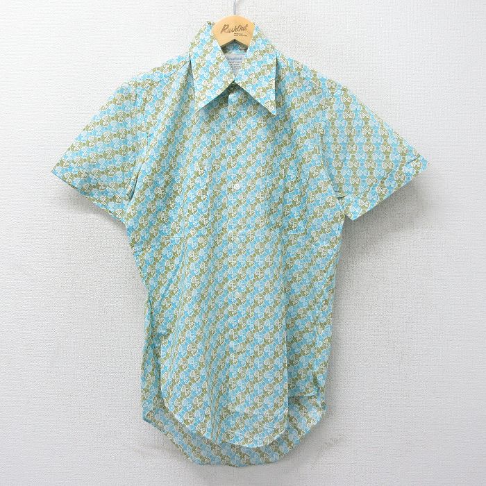 【50%OFF】M★古着 半袖 シャツ メンズ 70年代 70s 総柄 薄紺他 ネイビー 24jun29 中古 トップス
