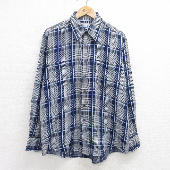 【50%OFF】XL★古着 長袖 シャツ メンズ 70年代 70s 紺 ネイビー チェック 24aug24 中古 トップス