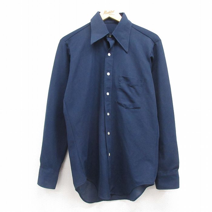 【20%OFF】M★古着 長袖 シャツ メンズ 70年代 70s 紺 ネイビー 25feb21 中古 トップス
