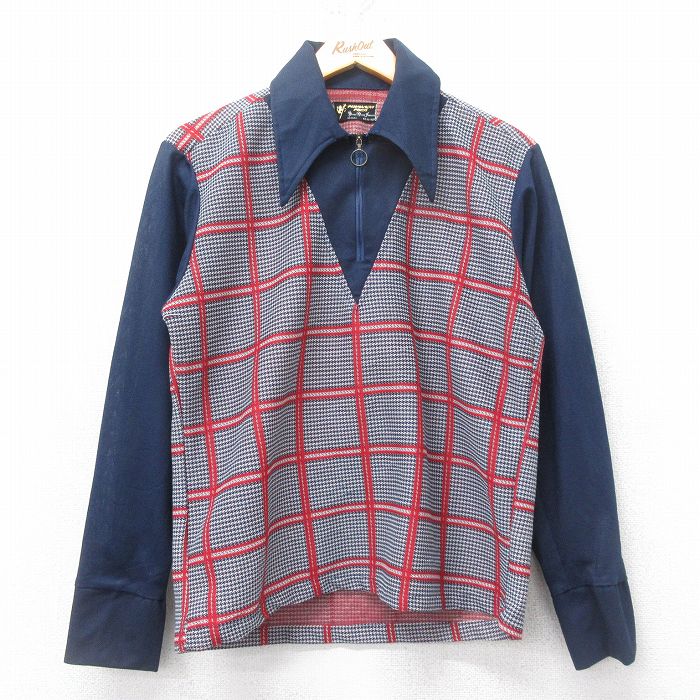 M★古着 長袖 ハーフジップ シャツ メンズ 70年代 70s 紺他 ネイビー チェック 【spe】 25feb27 中古 トップス