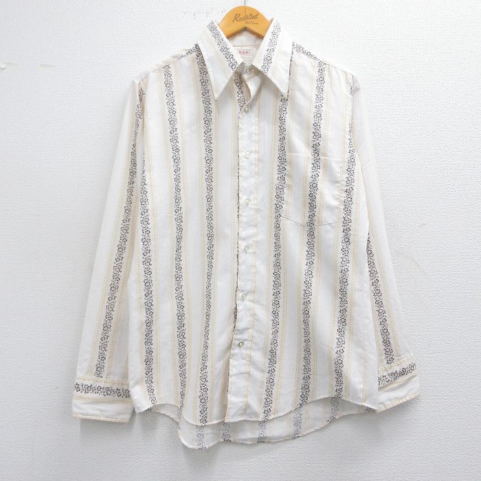 M★古着 B.V.D. 長袖 シャツ メンズ 70年代 70s 花柄 白他 ホワイト ストライプ 25mar25 中古 トップス