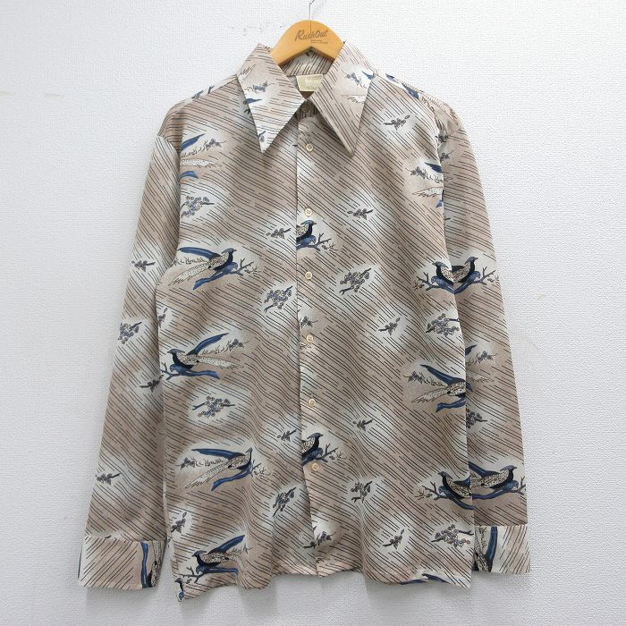 M★古着 シアーズ 長袖 シャツ メンズ 70年代 70s 鳥 ベージュ他 カーキ 【spe】 25mar25 中古 トップス