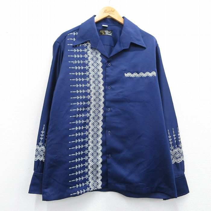 XL★古着 長袖 シャツ メンズ 70年代 70s 刺繍 開襟 オープンカラー 紺 ネイビー 25mar25 中古 トップス