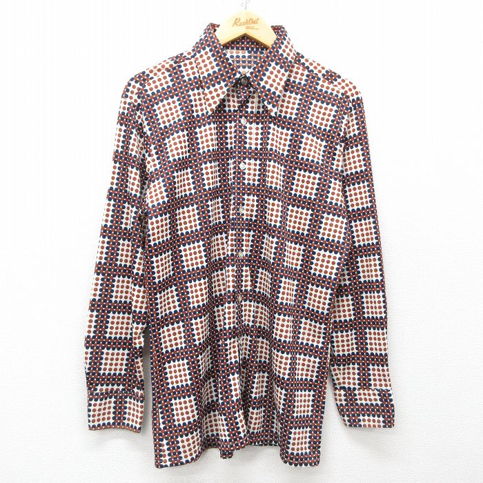XL★古着 長袖 シャツ メンズ 70年代 茶他 ブラウン ドット 25mar28 中古 トップス