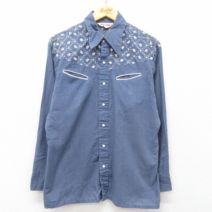L★古着 ラングラー Wrangler 長袖 ウエスタン シャツ メンズ 70年代 USA製 紺 ネイビー 25mar28 中古 トップス