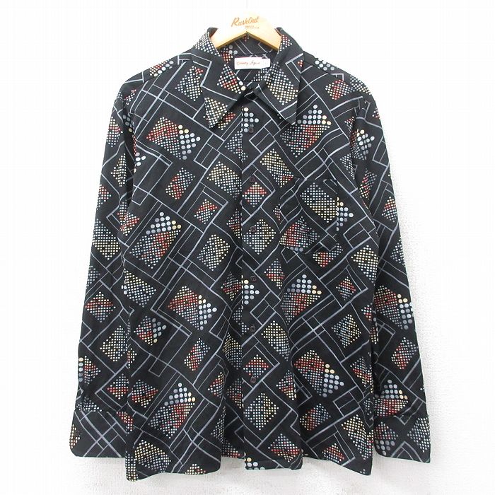 L★古着 長袖 シャツ メンズ 70年代 総柄 黒他 ブラック 25apr01 中古 トップス