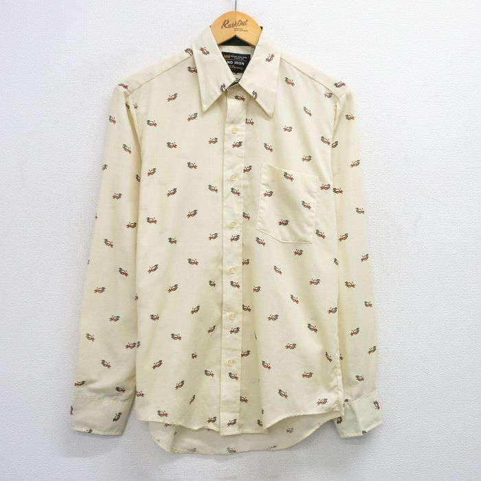 M★古着 JCペニー 長袖 シャツ メンズ 70年代 70s キツネ 総柄 生成り 【spe】 25jun28 中古 トップス