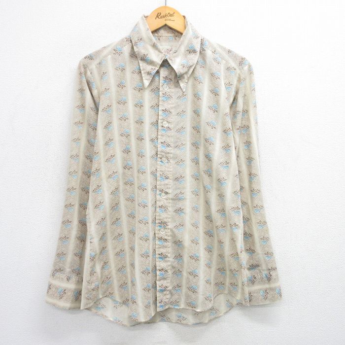 L★古着 長袖 シャツ メンズ 70年代 70s 総柄 濃ベージュ カーキ 25jun28 中古 トップス
