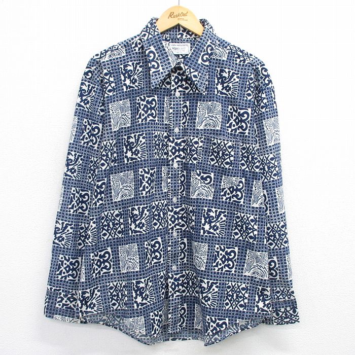 XL★古着 バンヒューセン 長袖 シャツ メンズ 70年代 70s 総柄 大きいサイズ 濃紺他 ネイビー チェック 【spe】 25jun28 中古 トップス