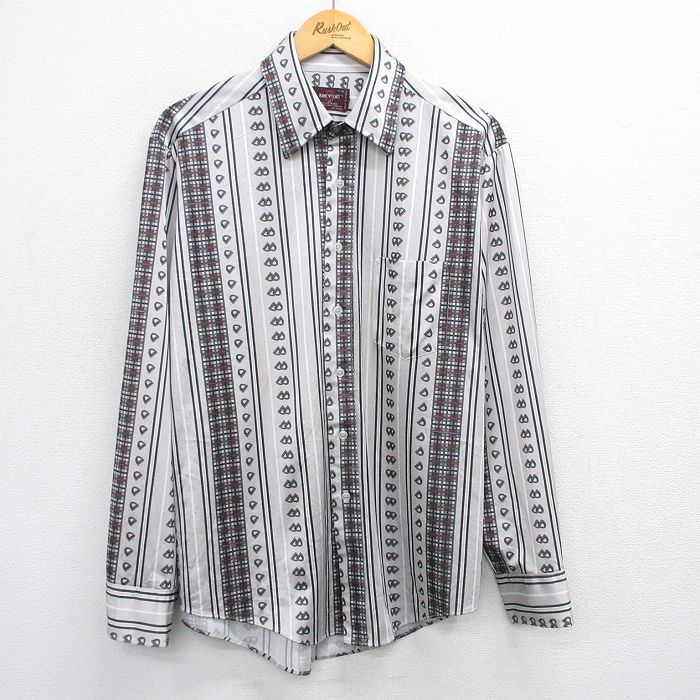 XL★古着 長袖 シャツ メンズ 70年代 70s グレー他 ストライプ 25jun28 中古 トップス