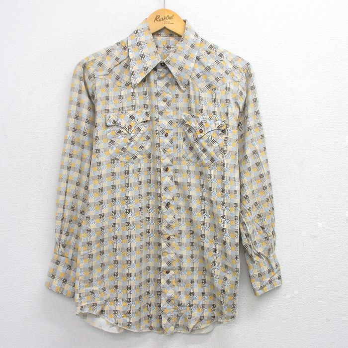 M★古着 長袖 ウエスタン シャツ メンズ 70年代 70s 濃ベージュ他 カーキ チェック 25jun28 中古 トップス