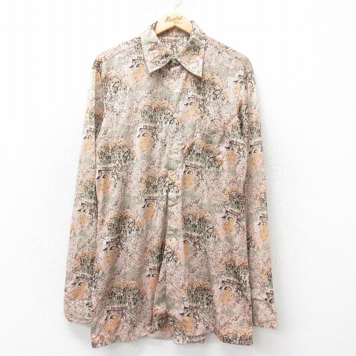 L★古着 長袖 シャツ メンズ 70年代 70s 総柄 ロング丈 薄茶他 ブラウン 【spe】 25aug05 中古 トップス