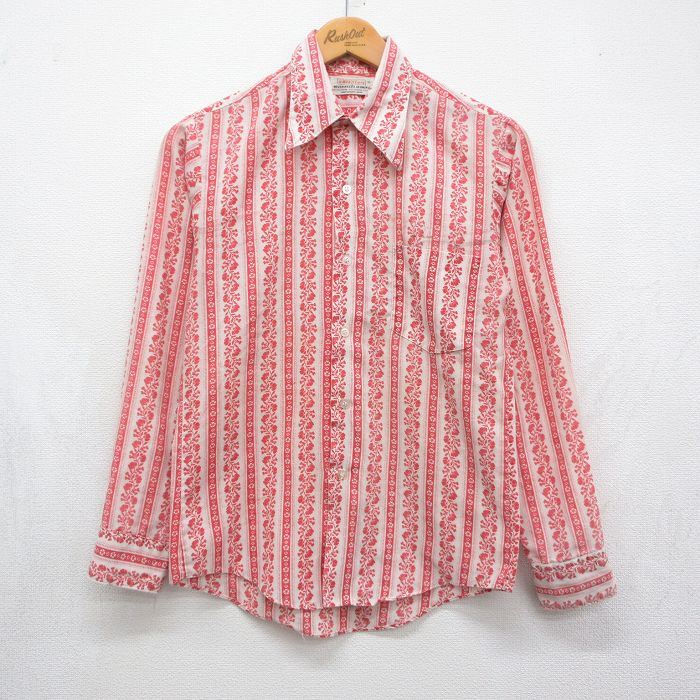 70s 長袖シャツ 花ストライプ レッド メンズS相当 | 古着
