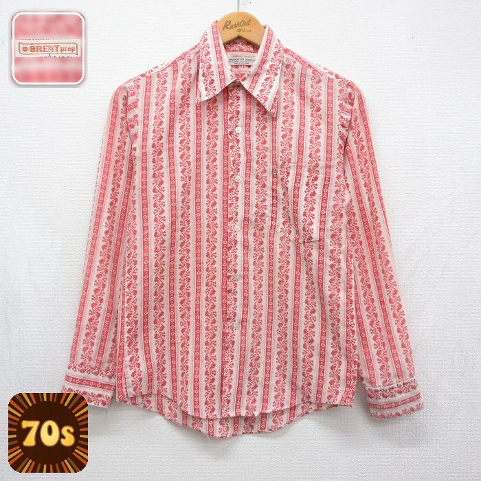 70s 長袖シャツ 花ストライプ レッド メンズS相当 | 古着