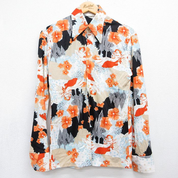 70s 長袖シャツ 花 ライトブルー メンズS相当 | 古着