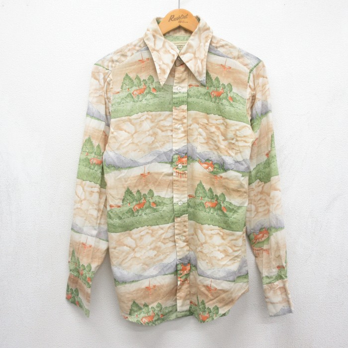THE COUNTY SEAT 70s 長袖シャツ 総柄 ベージュ メンズS相当 | 古着