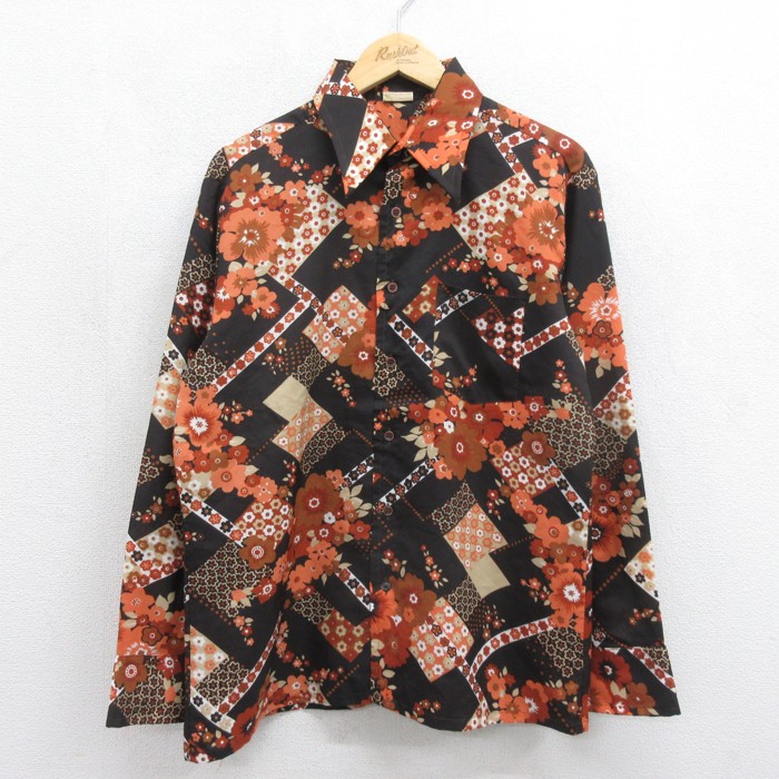 L★古着 KINGS ROAD 長袖 シャツ メンズ 70年代 70s 花柄 パッチワーク 総柄 ブラック【spe】 26sep04