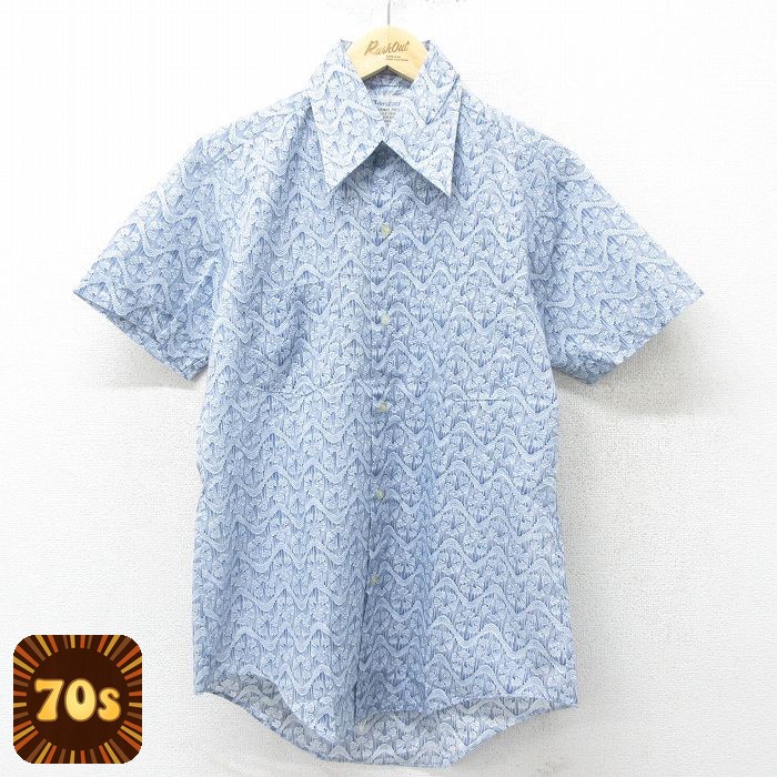 【50%OFF】70s 半袖シャツ 総柄 ネイビー M | 古着