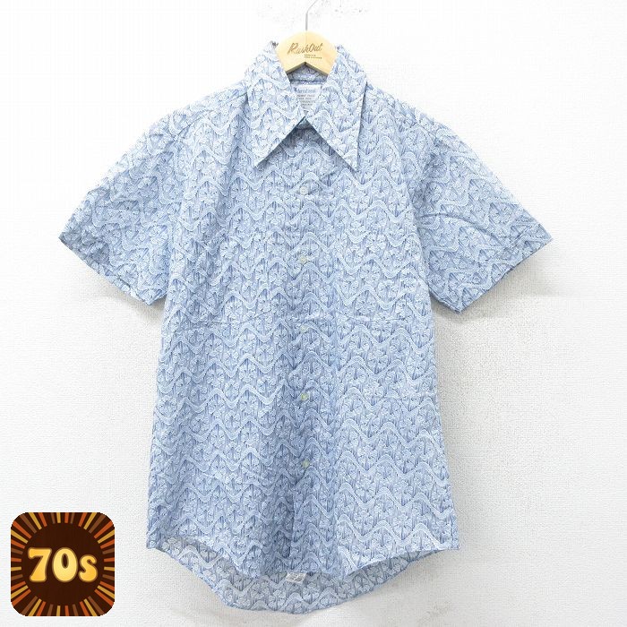 【50%OFF】70s 半袖シャツ 総柄 ネイビー M | 古着