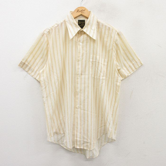 L★古着 半袖 シャツ メンズ 70年代 70s 薄ベージュ他 カーキ ストライプ 25may15 中古 トップス