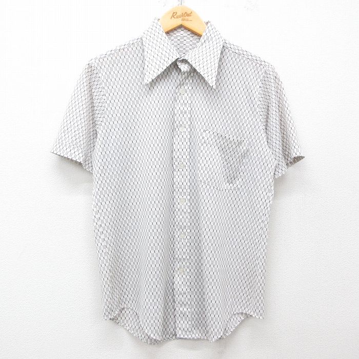 M★古着 半袖 シャツ メンズ 70年代 70s 総柄 白他 ホワイト 25may31 中古 トップス